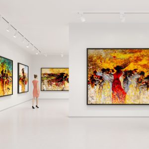 Young couple visits art exhibition and looking at the fine art paintings in a art gallery.