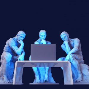 Three Thinkers Sitting In Front Of A Computer Screen. 3D Illustration.