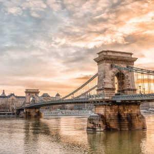 Panoramic view of Budapest city and Chain Bridge on a frosty snowy winter morning